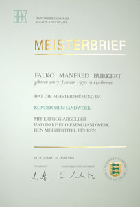 Photograph of Falko's Mastership certificate